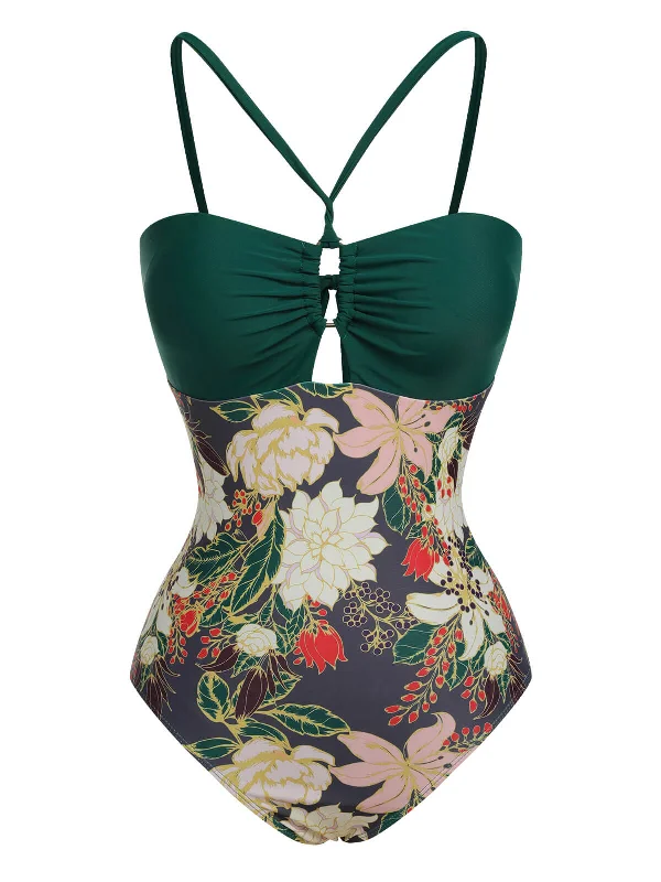 Multicolor 1960s Floral Halter One-Piece Swimsuit Sleek Full Coverage