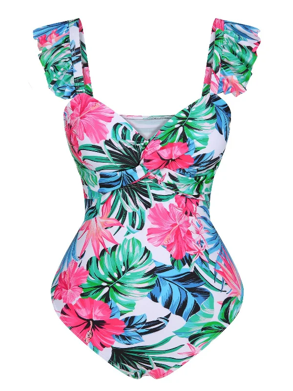 Multicolor 1960s Tropical Plants Ruffles Swimsuit Sexy Two-Piece Set