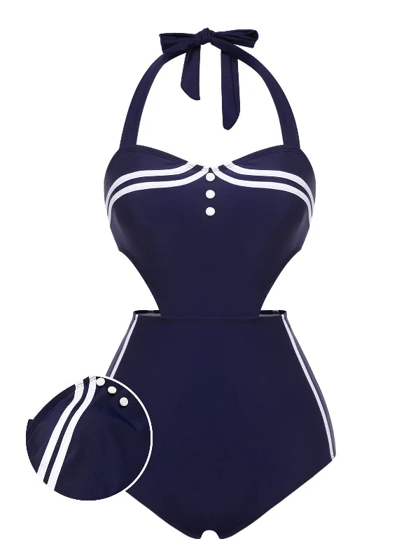 Navy Blue 1930s Halter One-piece Swimsuit Monokini Swimsuit Design