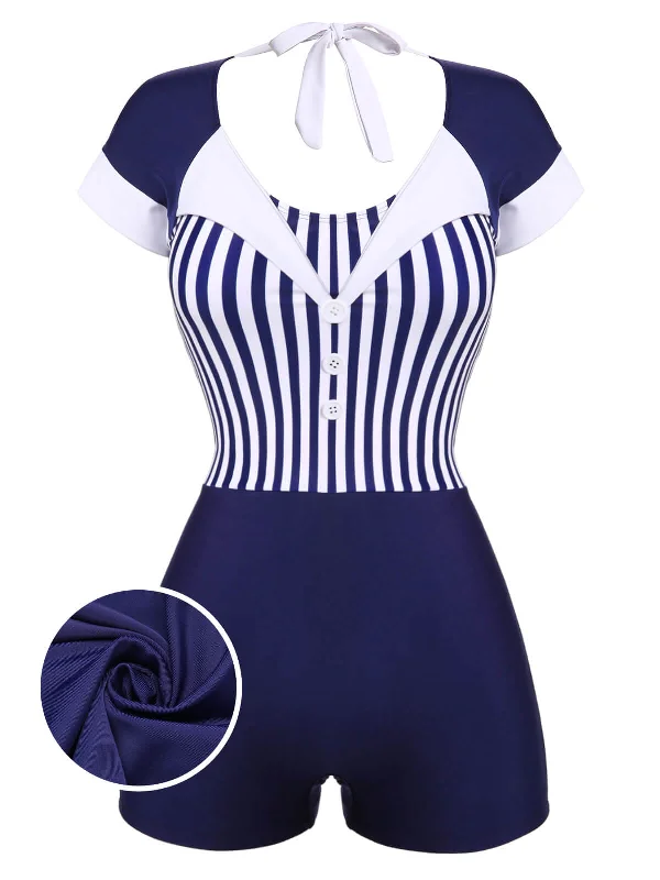 Navy Blue 1930s Stripe Patchwork Swimsuit V-Neck Swim Dress