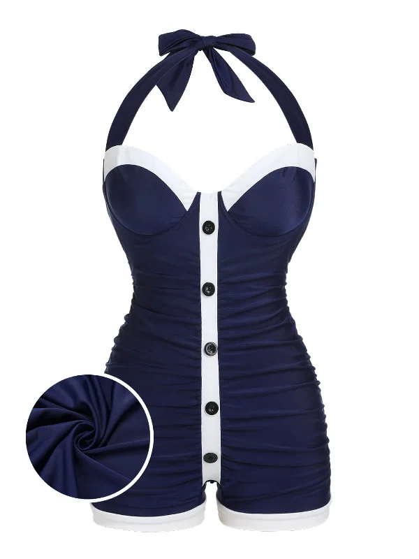 [Plus Size] Navy Blue 1950s Pleated Halter Swimsuit Soft Beachwear Set