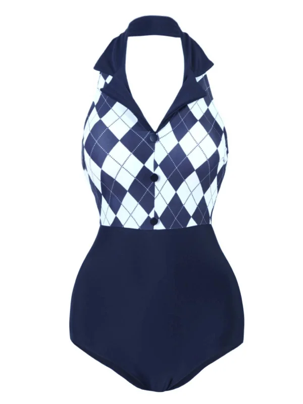 Navy Blue 1930s Halter Plaid One-Piece Swimsuit Ruched Swimwear Set