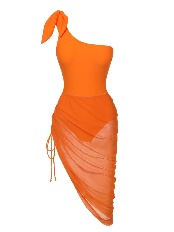 Orange 1940s Solid Swimsuit & High Low Cover-Up Classic Two-Piece Bikini