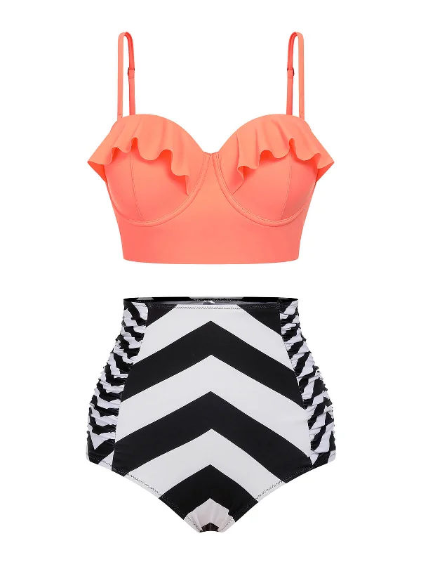 Orange 1940s Stripe Ruffles Strap Swimsuit Bold Color Swimsuit