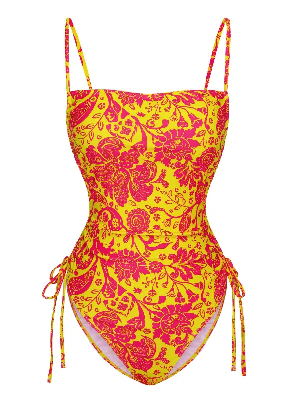 Orange 1950s Russian Floral Drawstring Strap Swimsuit Sporty Racerback Swimsuit