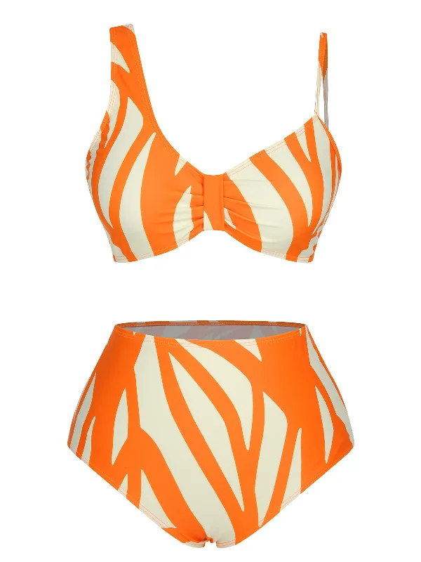 Orange 1960s Strap Stripe Swimsuit Classic One-Piece