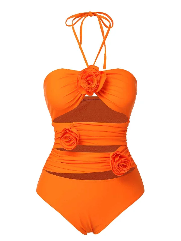 Orange Red 1950s Halter 3D Flower One-Piece Swimsuit Elegant Halter Bikini