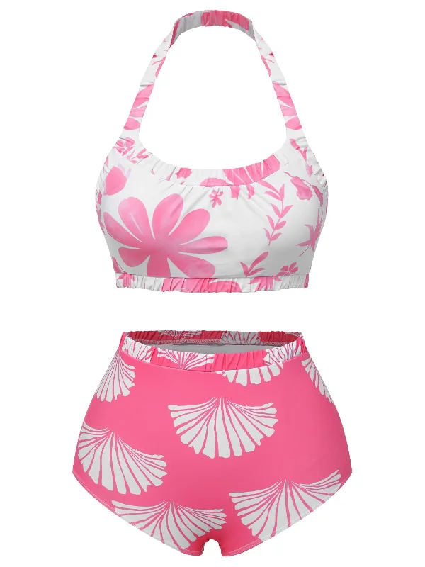 Pink 1930s Floral Elastic Gathers Halter Swimsuit Classic Sporty Swimsuit