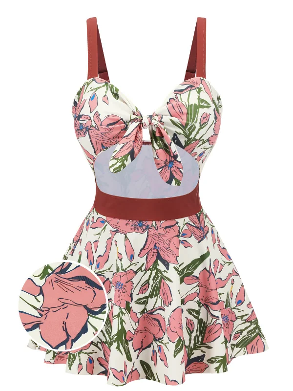 Pink 1940s Floral Strap One-Piece Swimsuit Button-Front Swimsuit