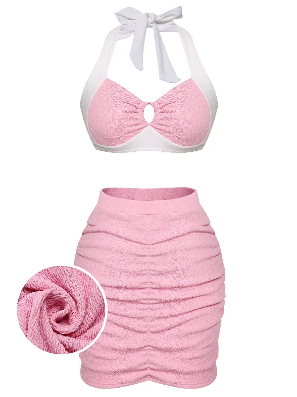 Pink 1940s Patchwork Lace-Up Halter Swimsuit Sexy Monokini Swimsuit