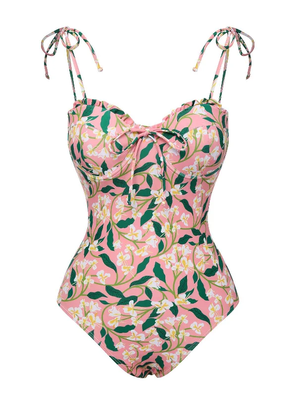 Pink 1950s Spaghetti Strap Plants Print Swimsuit Classic Sporty Swimsuit