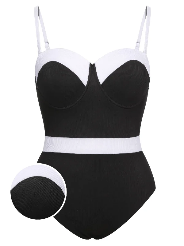 [Plus Size] Black & White 1950s Patchwork Strap Swimsuit Retro-Inspired Bikini Set