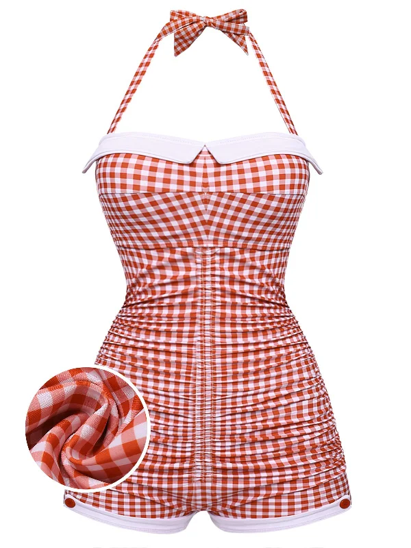 [Plus Size] Gingham 1950s Halter Bowknot One-piece Swimsuit Classic Monokini Design