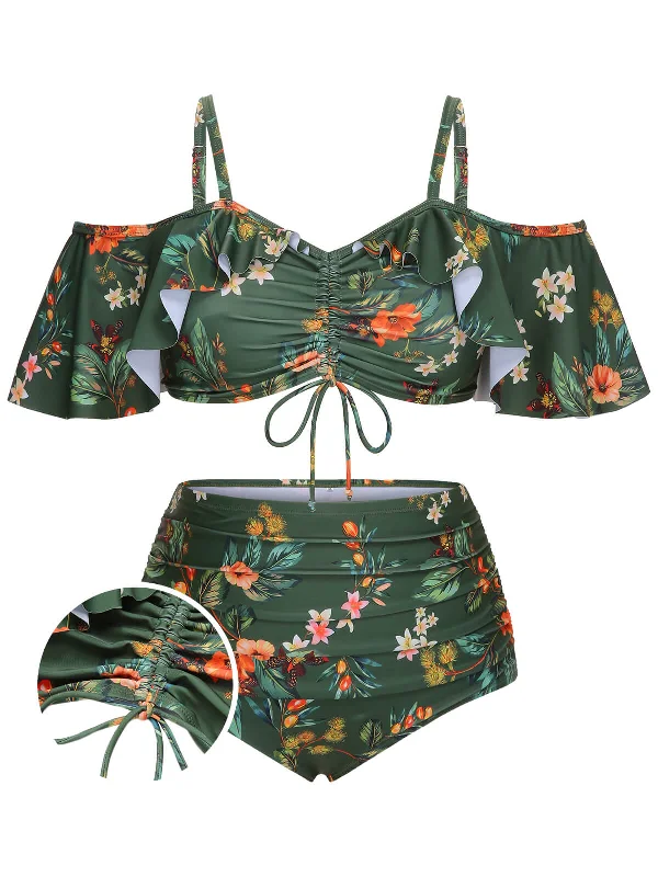 [Plus Size] Green 1950s Floral Drawstring Swimsuit Set Sporty Racerback Swimsuit