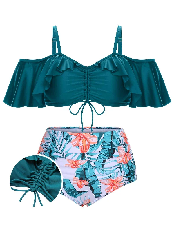 [Plus Size] Green 1950s Strap Floral Ruffles Swimsuit Sporty Swimsuit Style