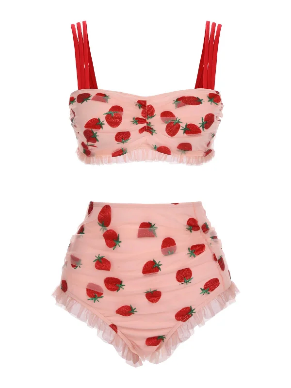 [Plus Size] 1950s Lace Strawberry Cami Tankini Set High-Waisted Swim Bottoms