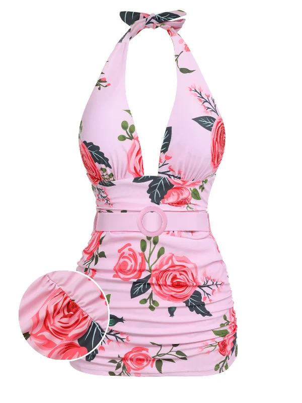 [Plus Size] Pink 1930s Roses Halter Belt Swimsuit Sexy Swimwear Set