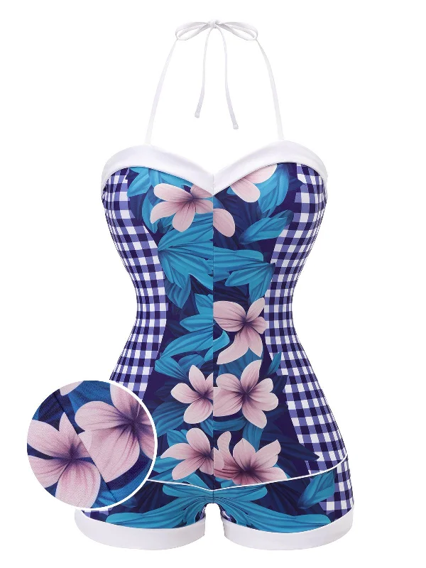 Blue 1950s Plaid&Floral Swimsuit Trendy Swimwear Set