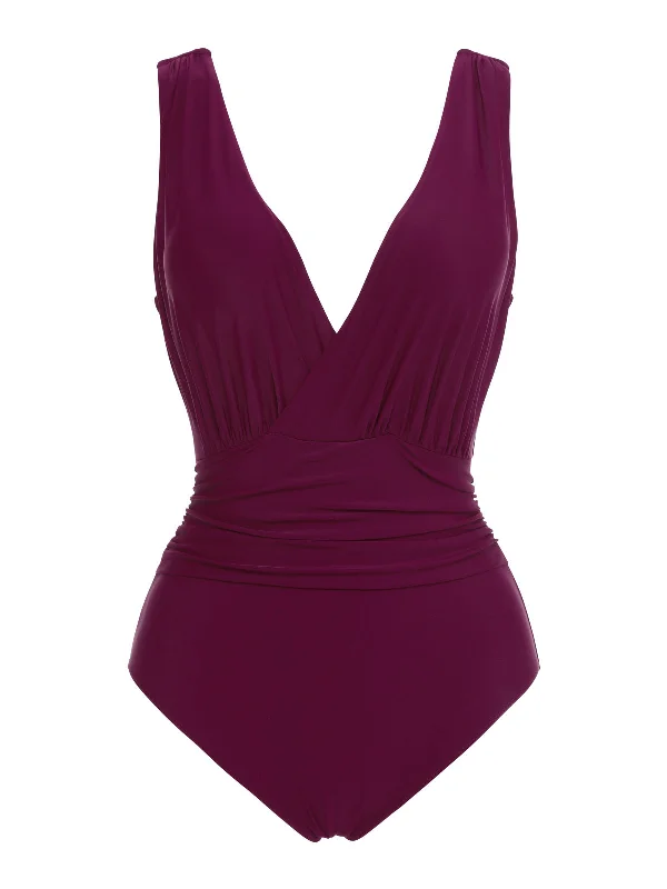 Raspberry Purple 1960s V-Neck One-piece Swimsuit Beach Ready Swimsuit