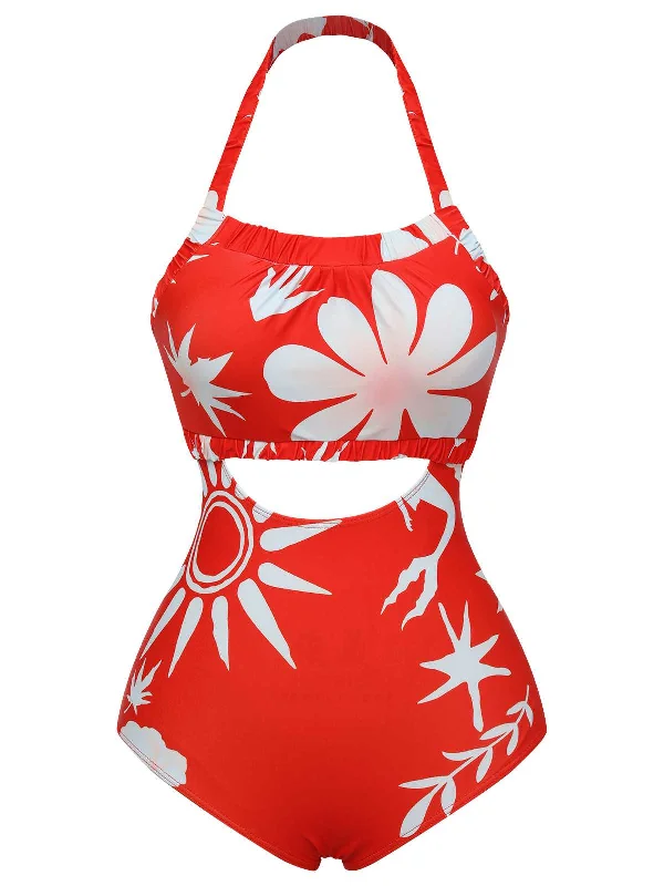 Red 1930s Halter Floral One-Piece Swimsuit Beachy Ruffle Bikini