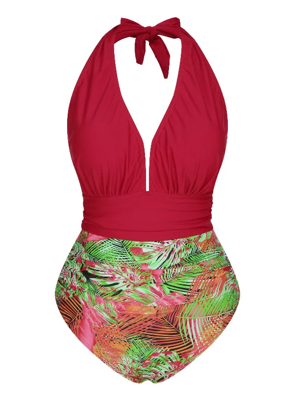 Red 1930s Tropical Plants One-Piece Swimsuit Mesh Panel Swimwear