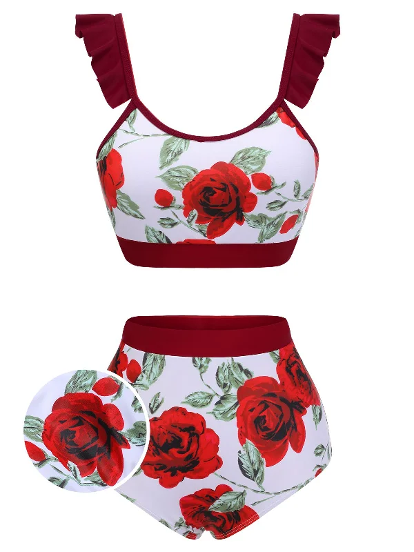 Red 1940s Floral Ruffles Swimsuit Plunge Neckline Swimsuit