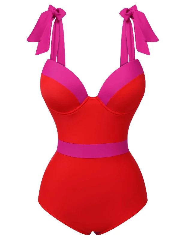 Red 1950s Colorblock Shoulder Tie-Up Swimsuit Modern High-Waisted Swimsuit