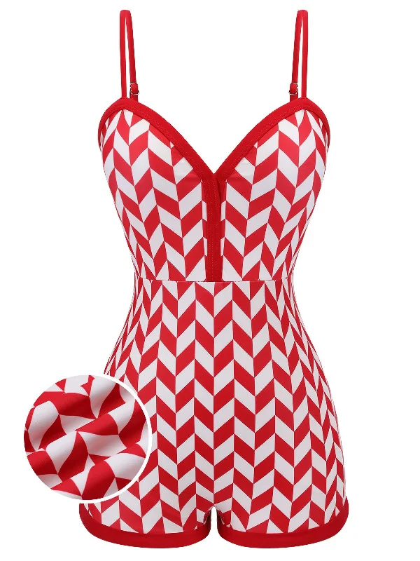 Red 1950s Diamond Plaid Heart Collar Swimsuit Plunge Neckline Swimsuit