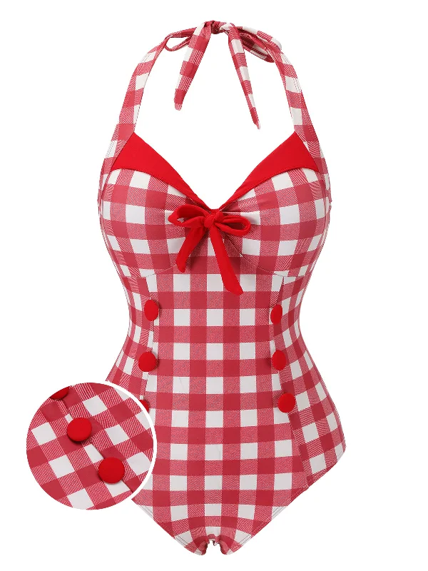 Red 1950s Plaids Added Bowknot Swimsuit Flirty Ruffle Swimsuit