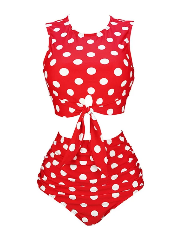 Red 1970s Polka Dots Waist Tie Swimsuit Swim Skirt Set