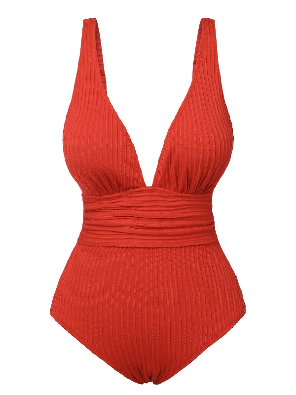 Red 1950s Solid Deep V One-Piece Swimsuit Luxury Swimsuit Style