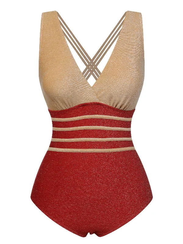 Red 1950s Stripe Patchwork One-Piece Swimsuit Lace Back Bikini