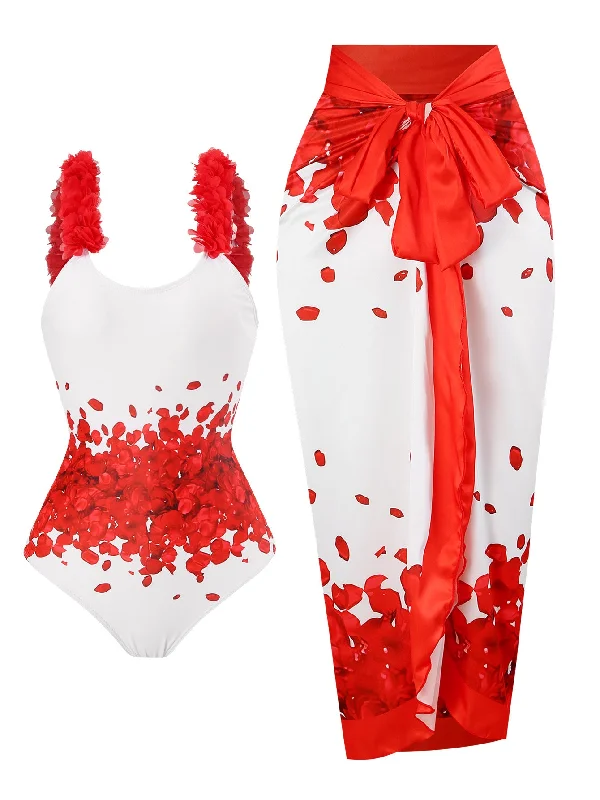 Red 1960s Floral Suspender Swimsuit Set Elegant Swim Dress