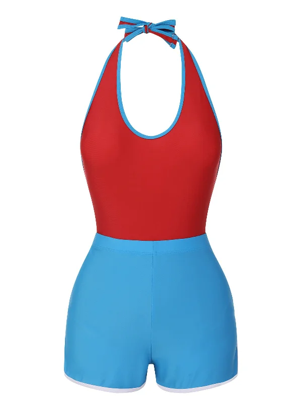 Red & Blue 1930s Solid Patchwork Swimsuit Set V-Neck Swim Dress