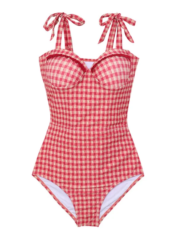 Red 1950s Checked Back Cut-Out Swimsuit Playful Pattern Swimsuit