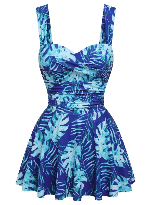 Royal Blue 1960s Tropical Plants Swimsuit Set Floral Swimwear Set