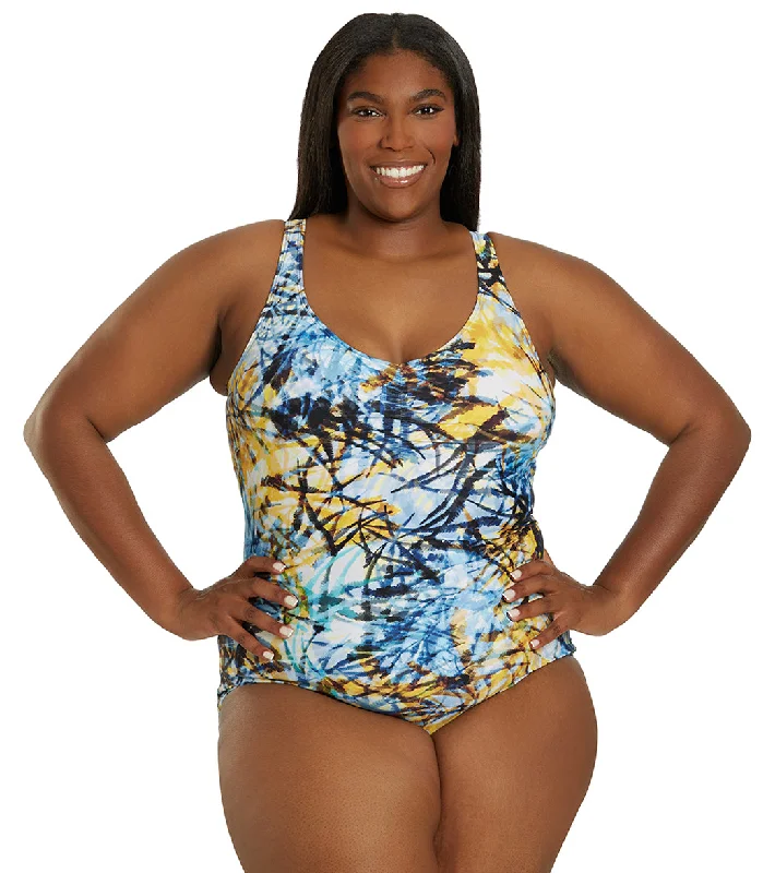 Sporti Plus Size Breezy Palms Conservative Printed Girl Leg One Piece Swimsuit Button-Front Swimsuit