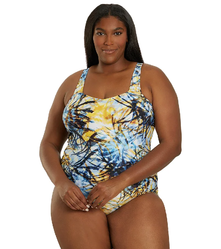 Sporti Plus Size Breezy Palms Moderate Printed Sweetheart One Piece Swimsuit Two-Piece Beachwear