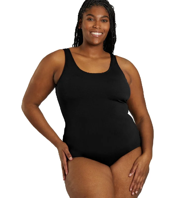 Sporti Plus Size HydroLast Chlorine Resistant Conservative Scoop Back One Piece Swimsuit Black Sexy Swimwear Set