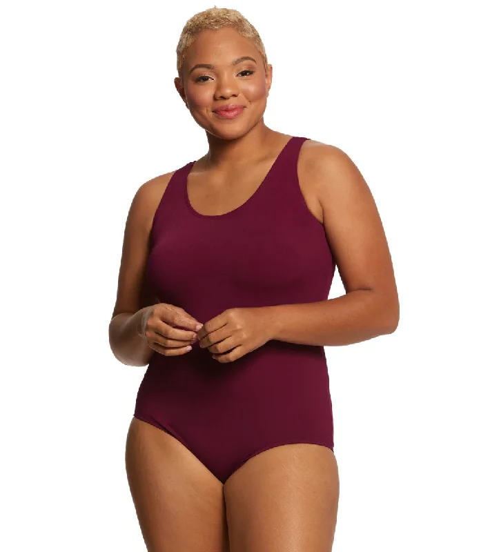 Sporti Plus Size HydroLast Chlorine Resistant Conservative Scoop Back One Piece Swimsuit Cabernet Strapless Swimsuit Top