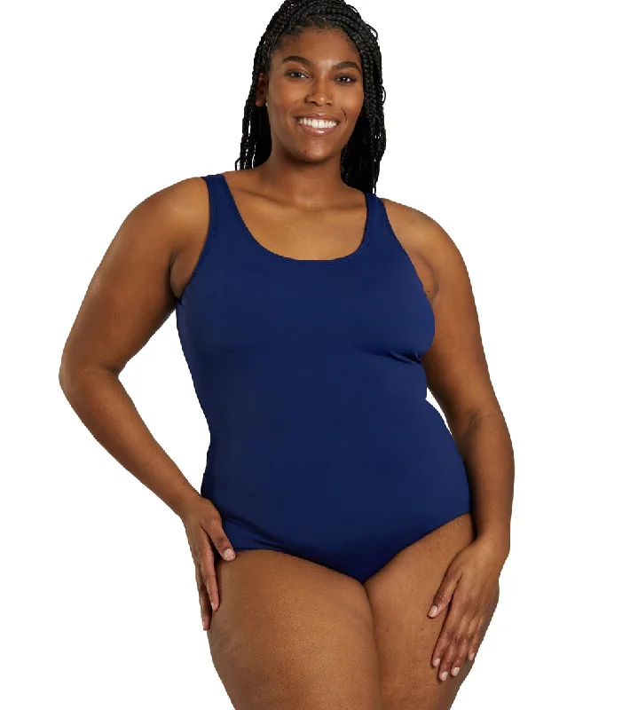 Sporti Plus Size HydroLast Chlorine Resistant Conservative Scoop Back One Piece Swimsuit Navy Sleek Mesh Bikini