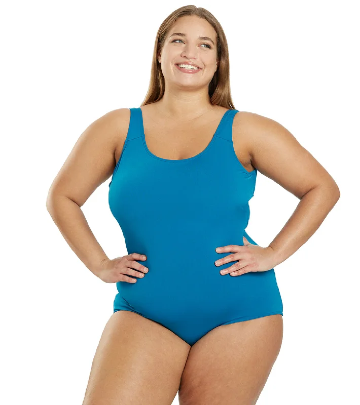 Sporti Plus Size HydroLast Chlorine Resistant Conservative Scoop Back One Piece Swimsuit Twilight Blue Button-Front Swimsuit