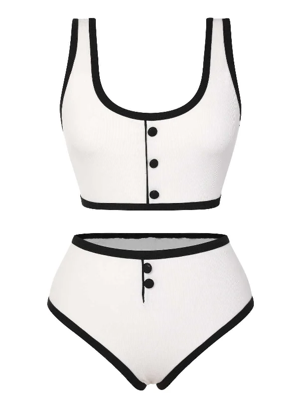 White 1930s Knit Contrast Swimsuit Adjustable Swim Top