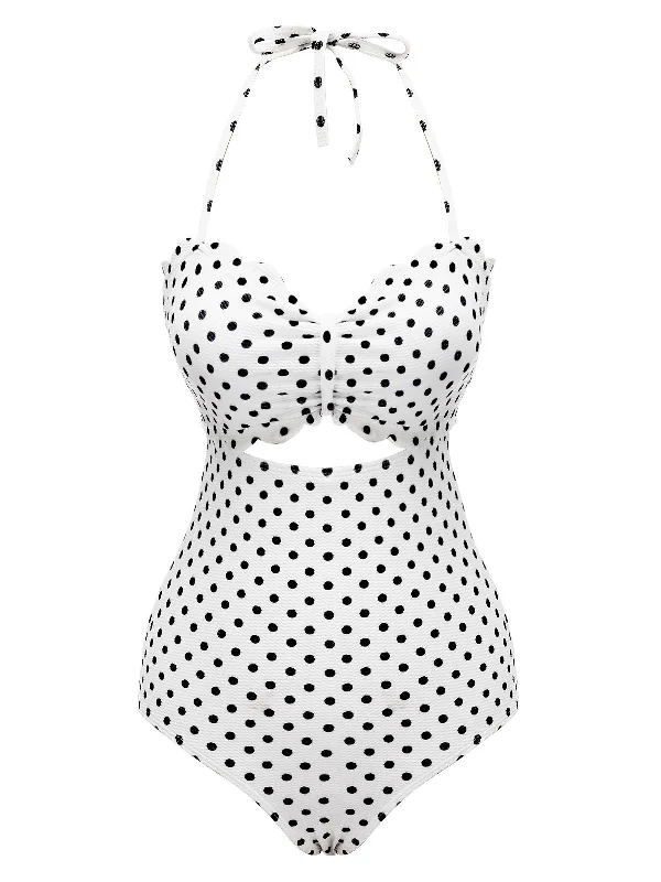 White 1940s Polka Dot Lace Up Halter Swimsuit Sexy Cutout Swimsuit