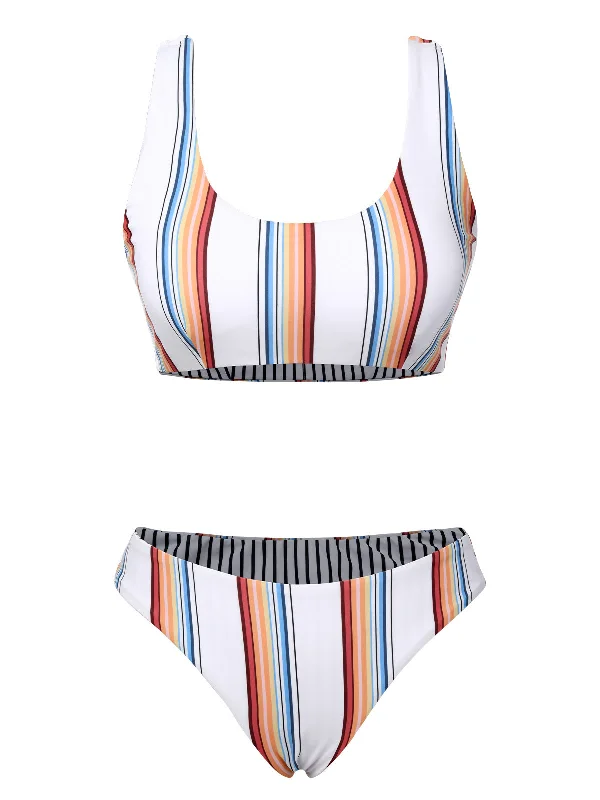 White 1950s Strap Stripes Swimsuit Halter Top Bikini