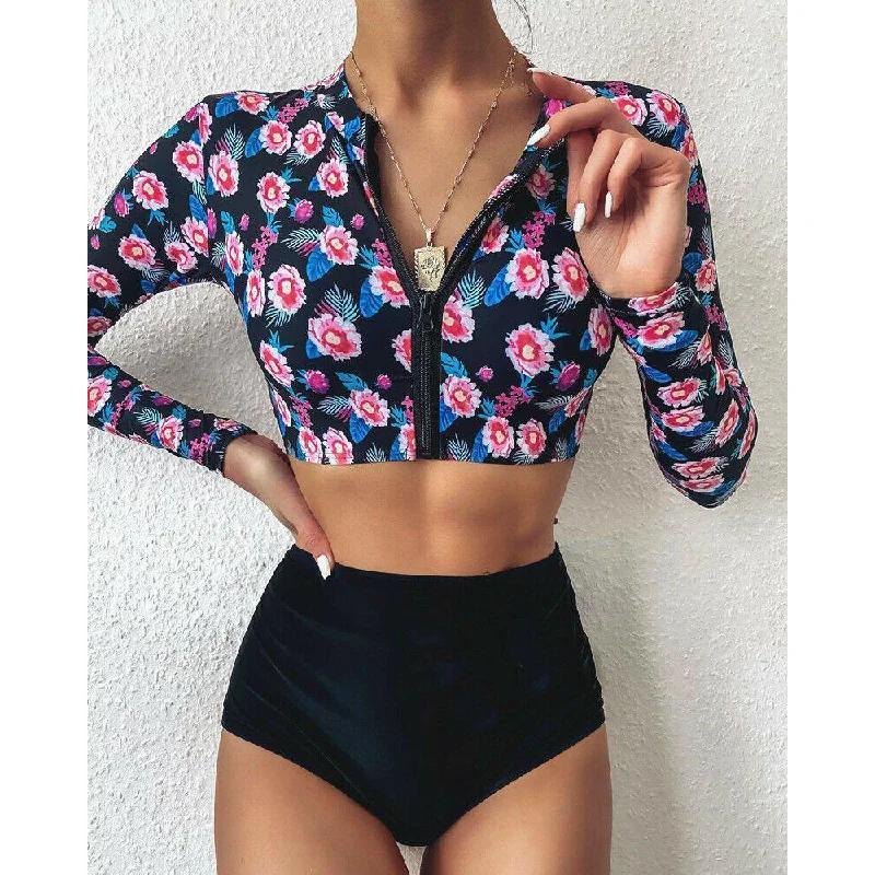 Long Sleeve High Waist Flower Zippered Swimsuit Full Coverage Swimsuit