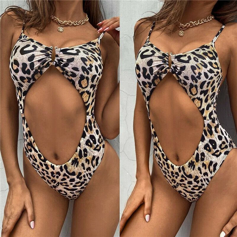 One Piece Sexy Leopard Print Swimsuit Adjustable Bikini Bottoms