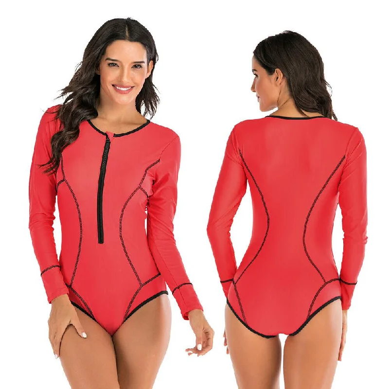 Red Long Sleeves One Piece Swimsuit Tropical Print Bikini