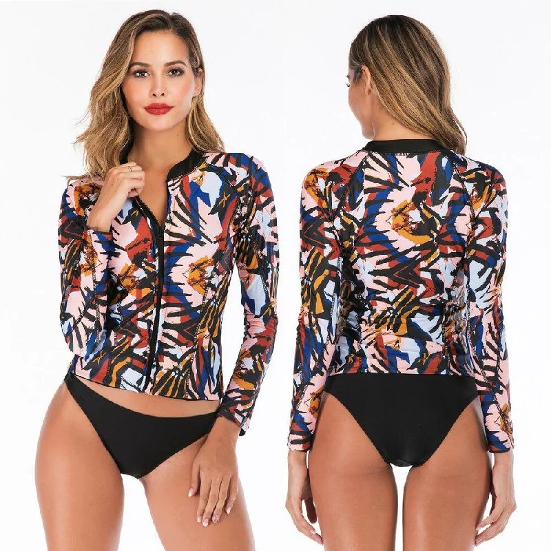 Surf Swim Zip Front Long Sleeve Swimwear Button-Front Swimsuit