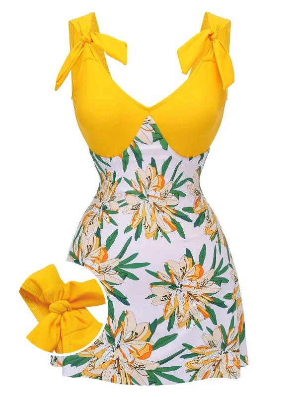 Yellow 1940s Floral Patchwork One-Piece Swimsuit Modern High-Waisted Swimsuit